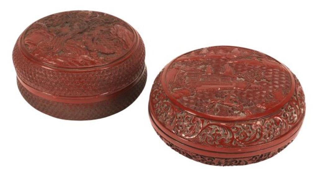 Appraisal: CHINESE CINNABAR ROUND BOXES lot of Chinese cinnabar boxes in