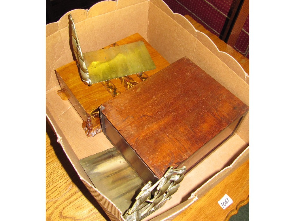 Appraisal: Pair of brass door stops walnut jewellery box and another