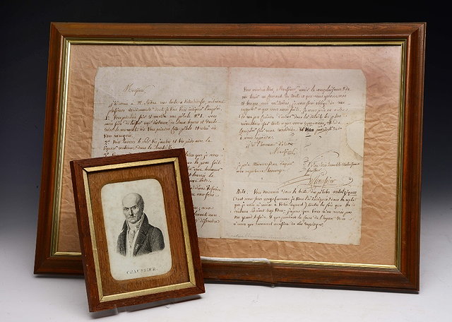 Appraisal: A FRAMED LETTER from M Chaussier in French nd Tog