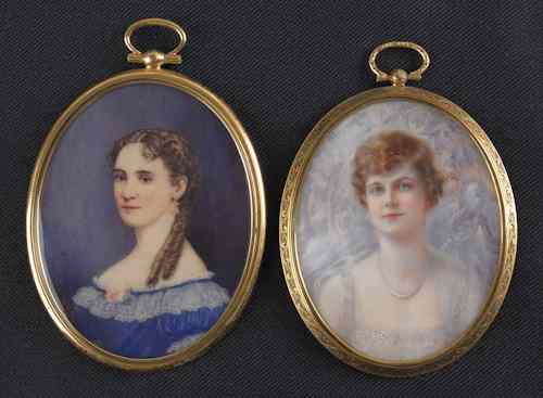 Appraisal: Two miniature watercolor on ivory portraits signed Lucile Stevenson x