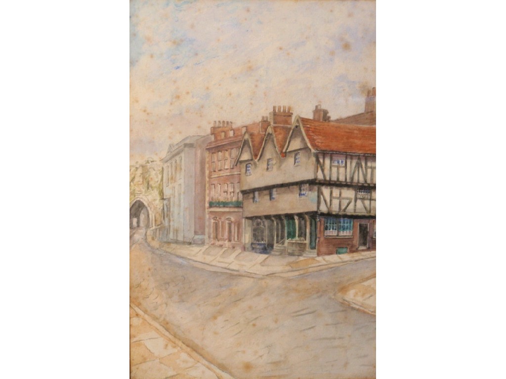 Appraisal: Street scene with arch and Tudor buildings watercolour signed J