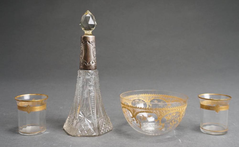 Appraisal: French Gilt Glass Bowl and Shot Glasses with Silver Mounted