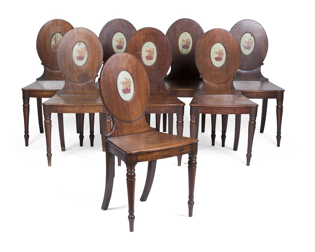 Appraisal: SET OF EIGHT GEORGE III MAHOGANY AND PAINTED HALL CHAIRS