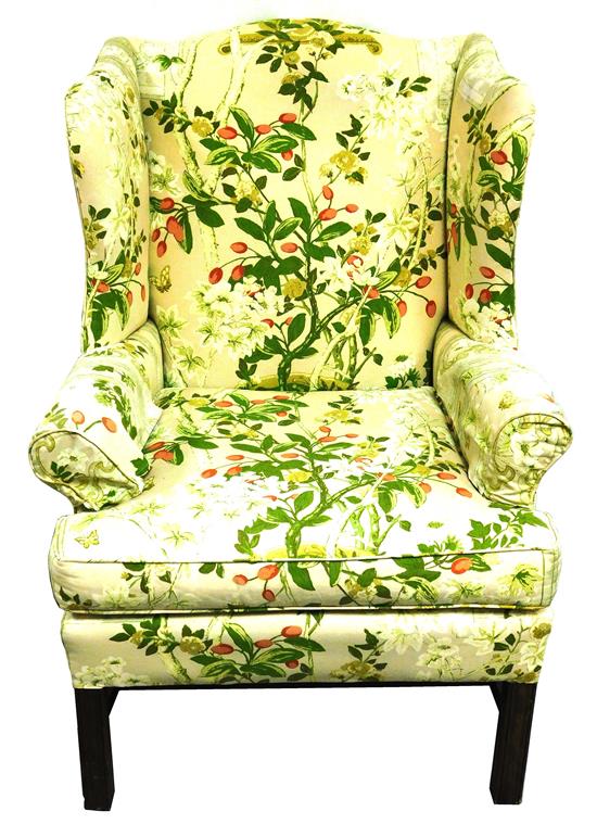 Appraisal: Chippendale style wing back chair molded legs cross stretcher floral