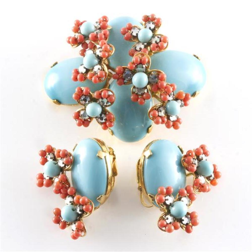 Appraisal: SIGNED DELILLO TURQUOISE CABOCHON SET WITH CORAL AND DIAMANTE FLORAL