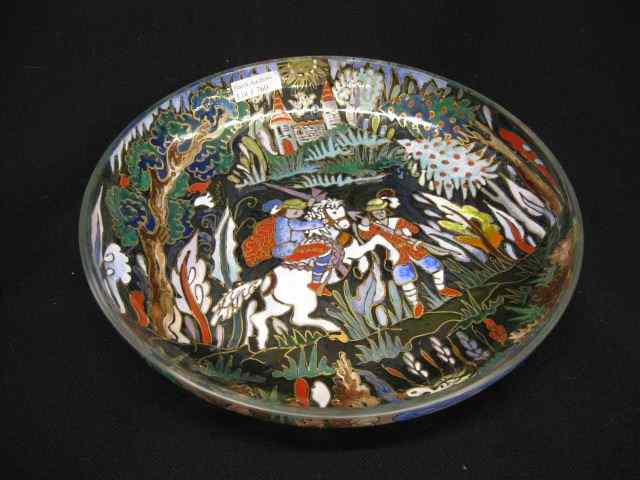 Appraisal: Moser Enameled Art Glass Dish medievalscene with figures horse castle