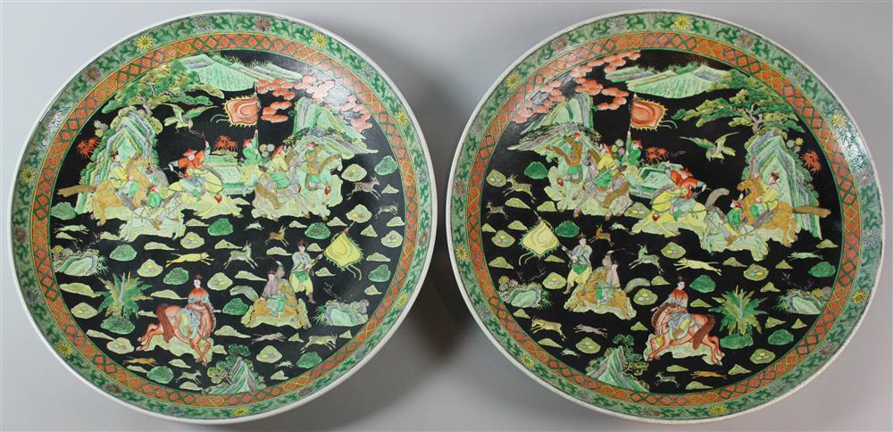 Appraisal: PAIR OF CHINESE PALACE-SIZED CHARGERS ELABORATE KANGXI MARK BUT LATER