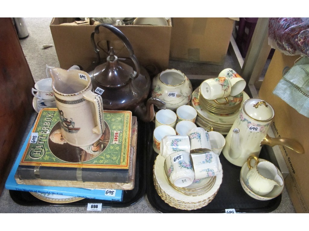 Appraisal: Two trays to include handpainted teawares Victorian pottery copper kettle