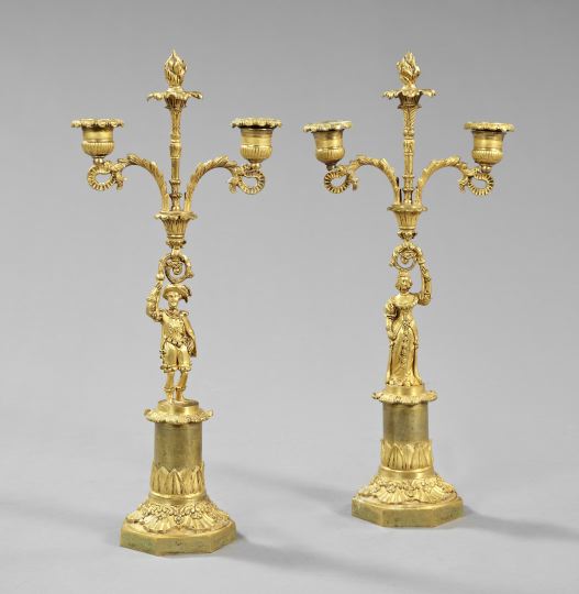 Appraisal: Pair of Louis-Philippe Gilt-Brass Two-Light Candelabra second quarter th century