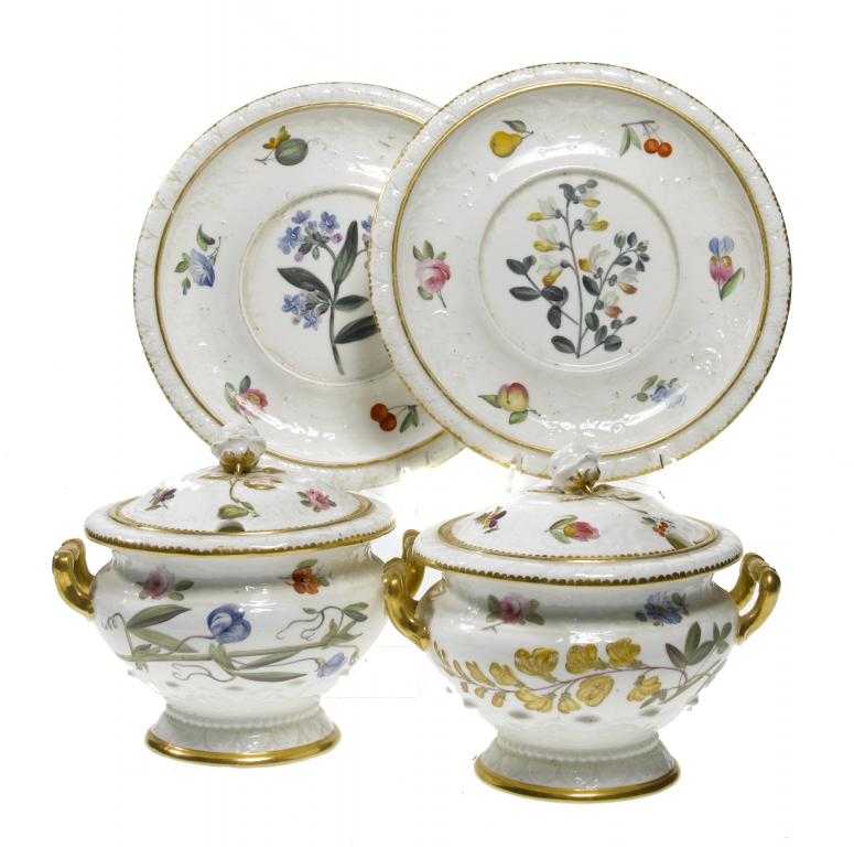 Appraisal: A PAIR OF STAFFORDSHIRE BOTANICAL DESSERT TUREENS COVERS AND STANDS