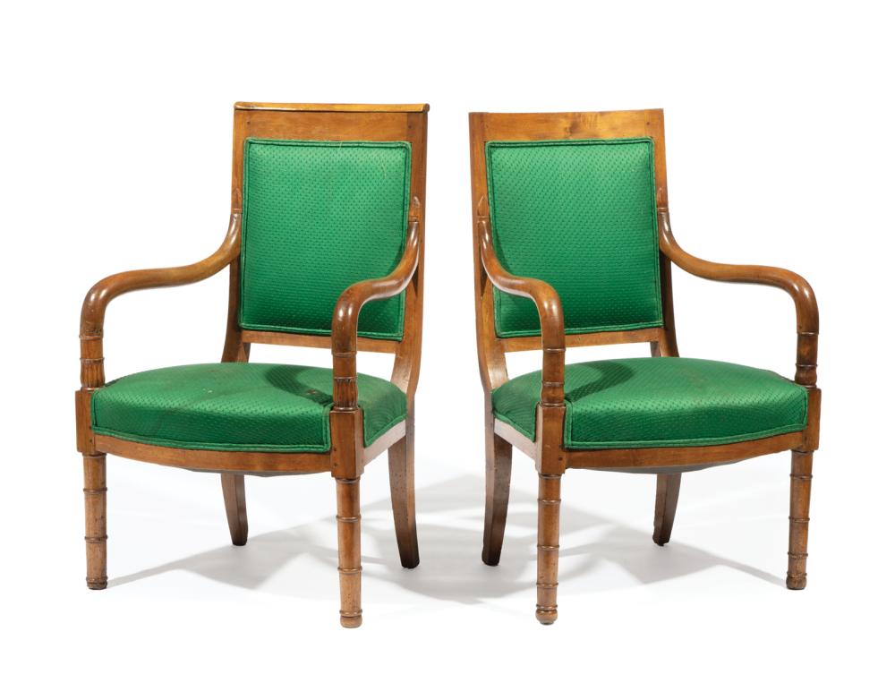 Appraisal: Pair of French Restauration Fruitwood Fauteuils c each with incurvated