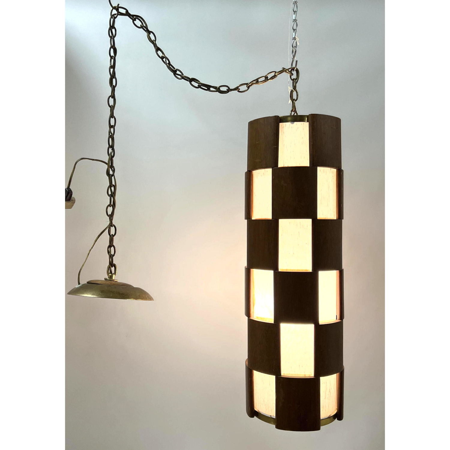 Appraisal: Mid Century Walnut Checkerboard Shade Pendant Lamp Hanging Cylindrical shade