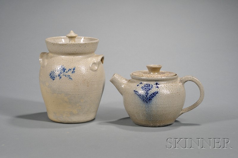 Appraisal: Jugtown Cobalt Decorated Stoneware Pottery Covered Crock and Teapot Vernon