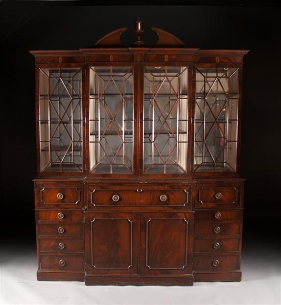 Appraisal: George III style inlaid mahogany and glass panel breakfront secretary