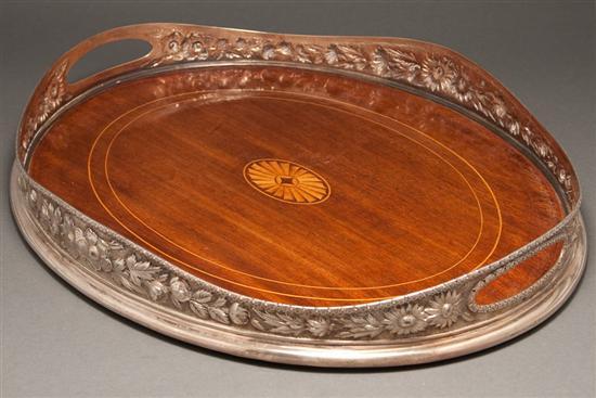 Appraisal: American repousse silver and inlaid mahogany oval butler's tray Jenkins