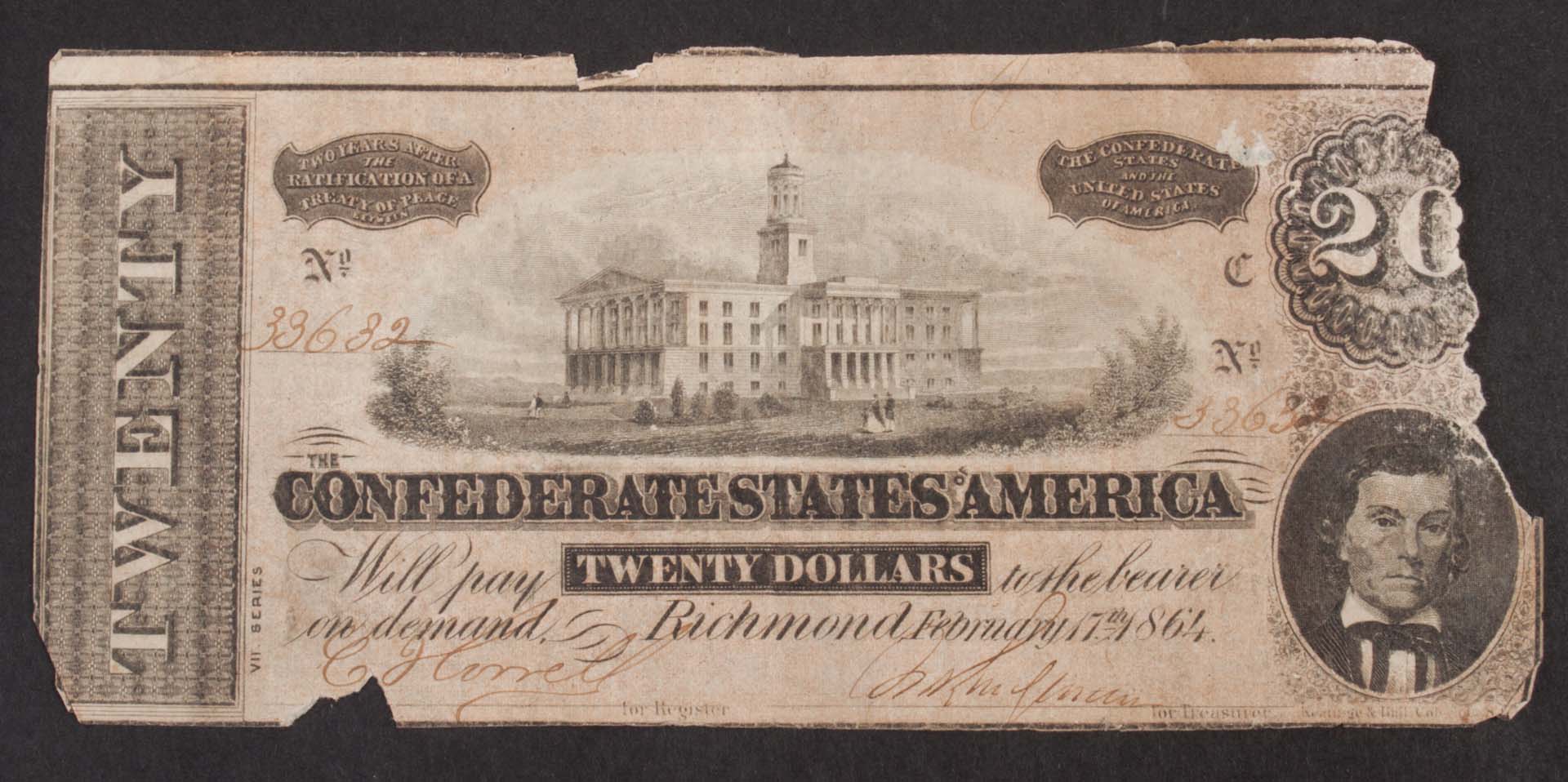 Appraisal: Four pieces of Confederate currency comprising two notes issue of