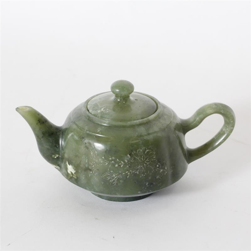 Appraisal: Chinese Carved Jade Tea Pot with etched floral decoration H