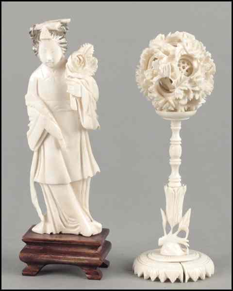 Appraisal: CARVED IVORY FIGURE ON STAND Together with a carved ivory