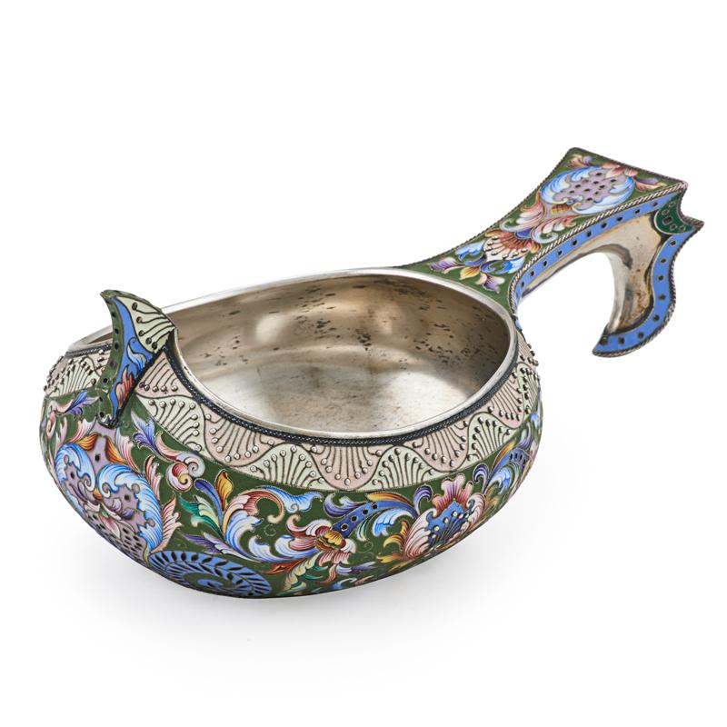 Appraisal: MARIA SEMENOVA RUSSIAN ENAMELED SILVER KOVSH Polychromatic cloisonne enameled stylized