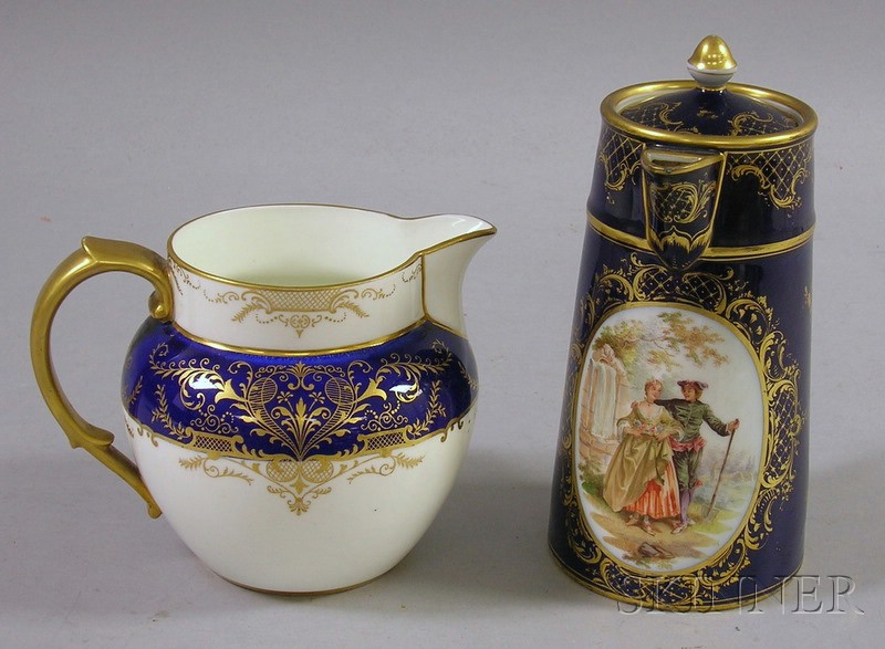 Appraisal: Dresden Hand-painted Porcelain Chocolate Pot and a Cauldon Cream Jug