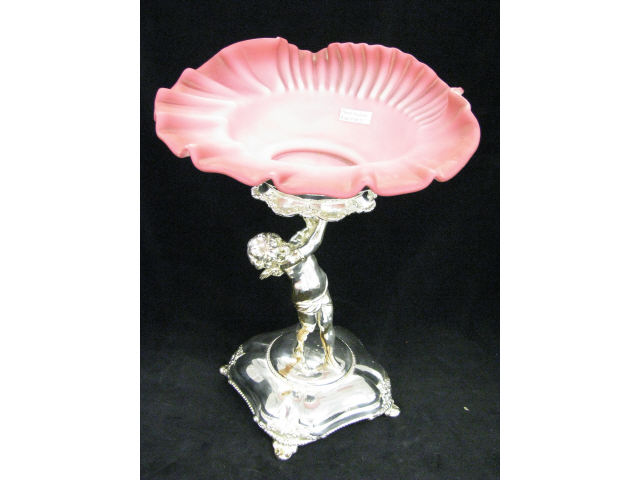 Appraisal: Victorian Cranberry Satin Art Glass Brides Bowl in figural cherub