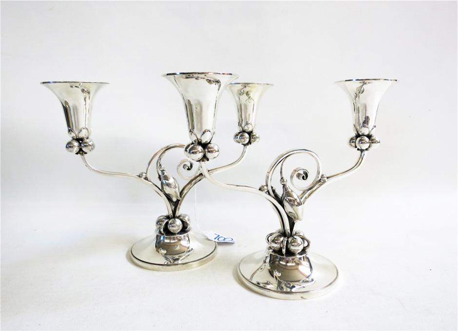 Appraisal: PAIR AMERICAN STERLING SILVER CANDELABRA Georg Jensen design by Alphonse