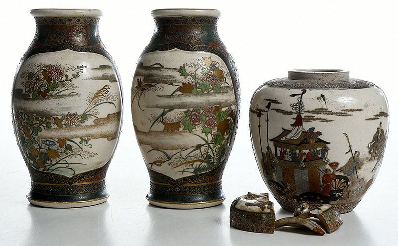 Appraisal: Three Finely Decorated Satsuma Porcelain Vessels Meiji period pair of