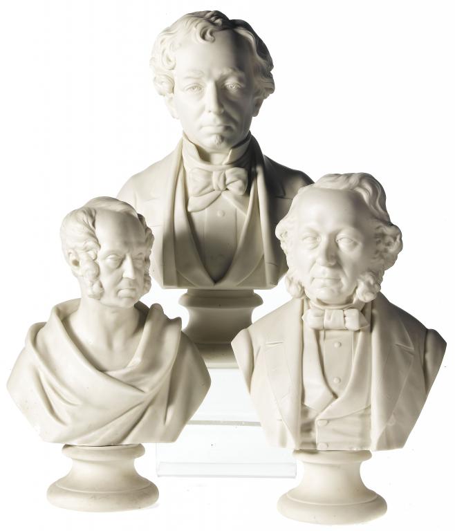 Appraisal: THREE VICTORIAN PARIAN WARE BUSTS OF STATESMEN comprising a Robinson