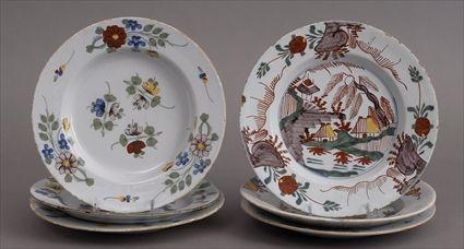 Appraisal: SIX ENGLISH POLYCHROME DELFT PLATES Comprising with garden views a