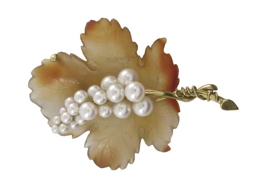 Appraisal: K LEAF PIN WITH PEARLS K yellow gold leaf pin