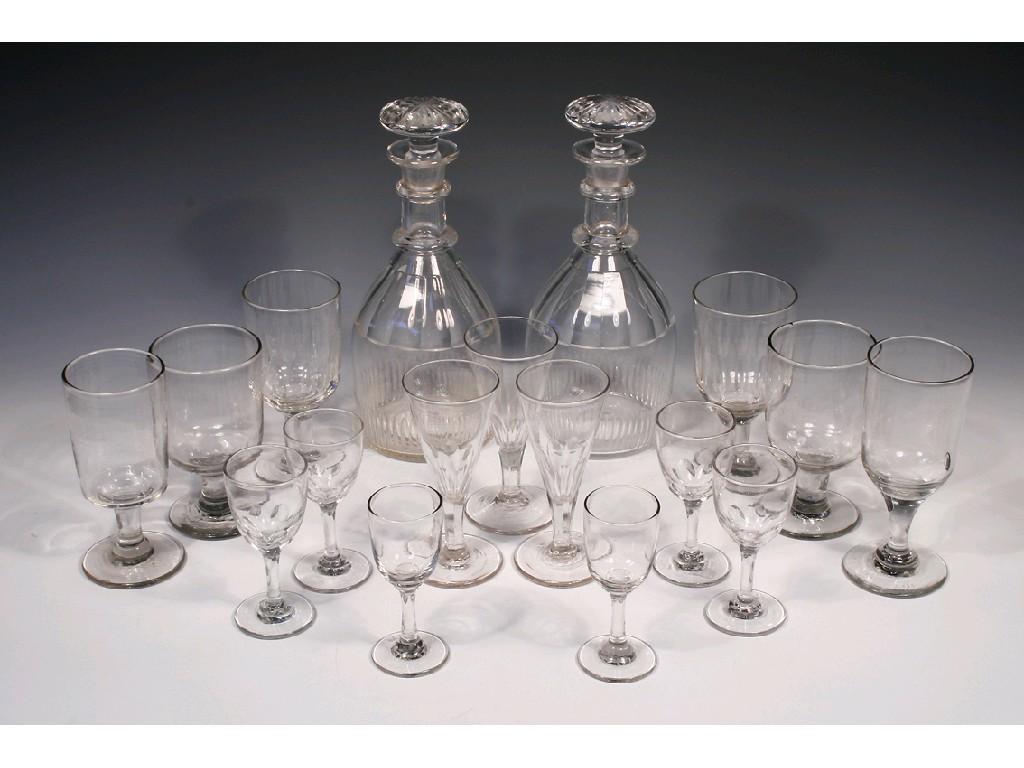 Appraisal: A PAIR OF MALLET-SHAPED CLEAR GLASS DECANTERS with ringed necks