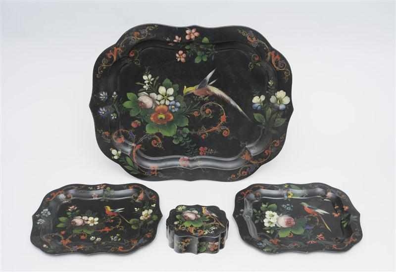 Appraisal: THREE VICTORIAN BLACK-GROUND T LE PEINTE TRAYS AND A SCALLOPED