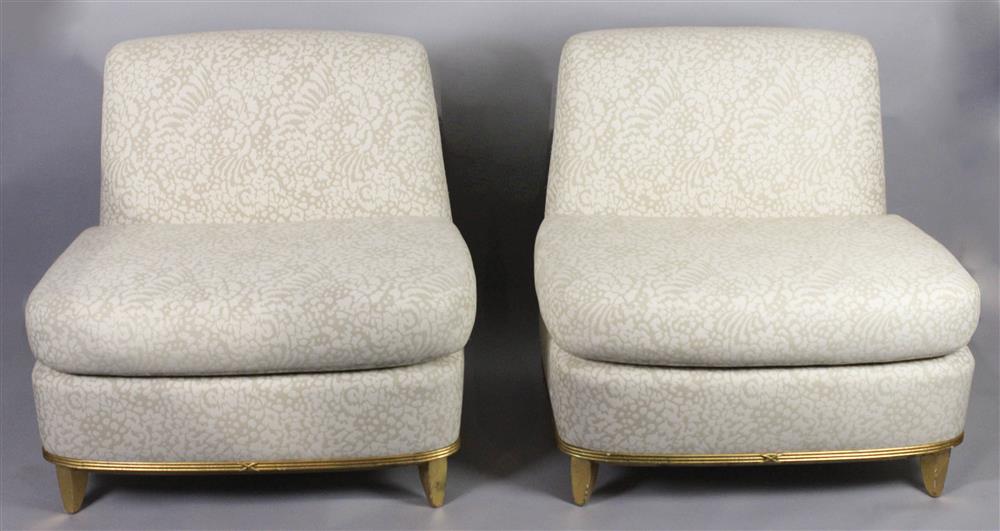 Appraisal: PAIR OF FRENCH ART DECO STYLE GILTWOOD UPHOLSTERED SLIPPER CHAIRS