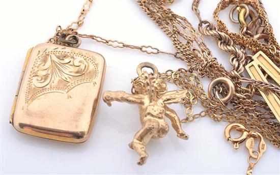 Appraisal: A COLLECTION OF GOLD JEWELLERY INCLUDING CT CHARM AND CHAINS