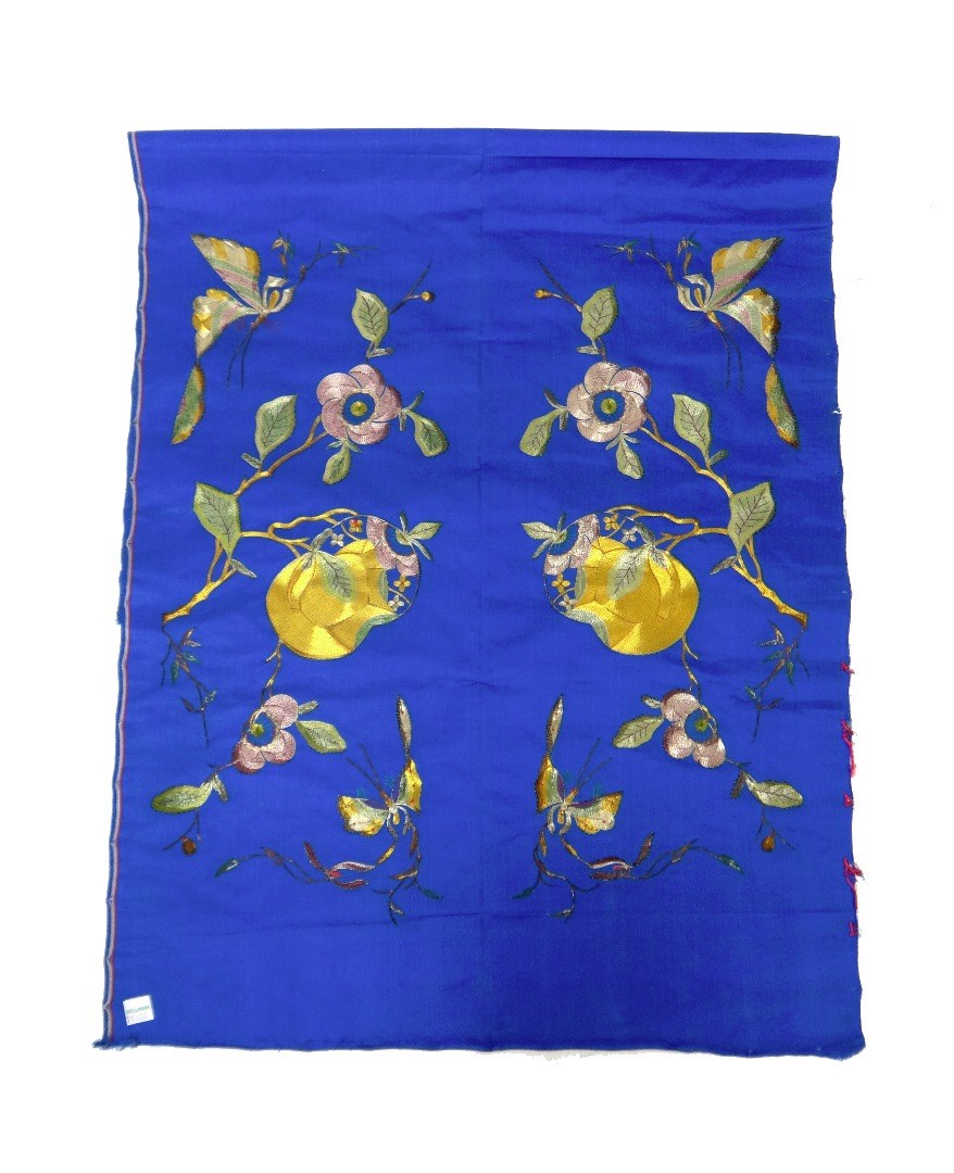 Appraisal: A Chinese embroidered silk panel the vibrant blue ground embroidered