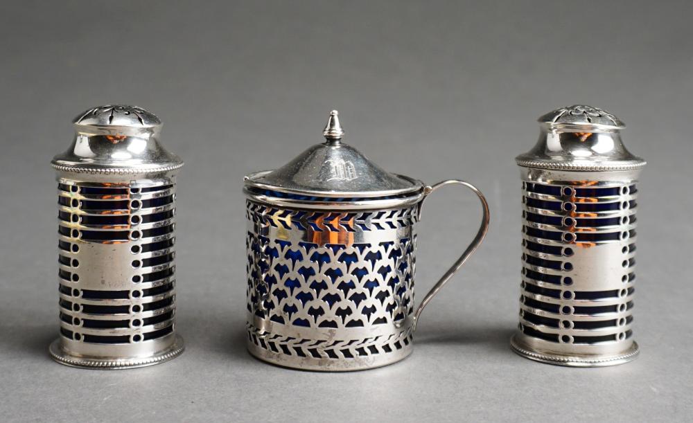 Appraisal: Pair English Sterling Silver and Cobalt Glass Shakers and Mustard