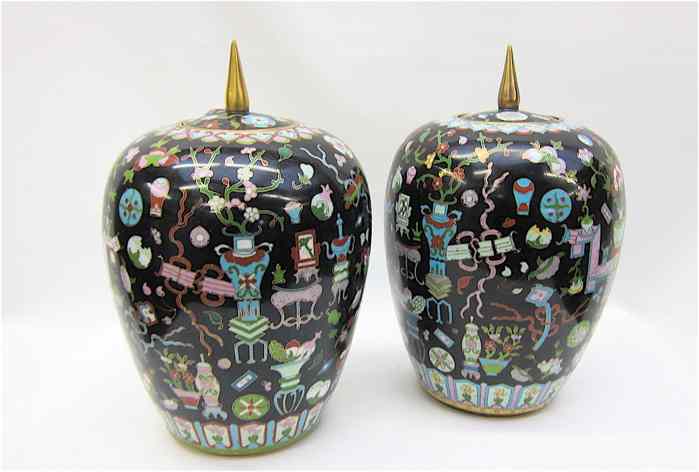 Appraisal: PAIR CHINESE CLOISONNE GINGER JARS black ground with vasiforms and