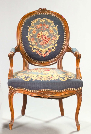 Appraisal: Louis XV-Style Fruitwood and Needlepoint Fauteuil ca the molded back