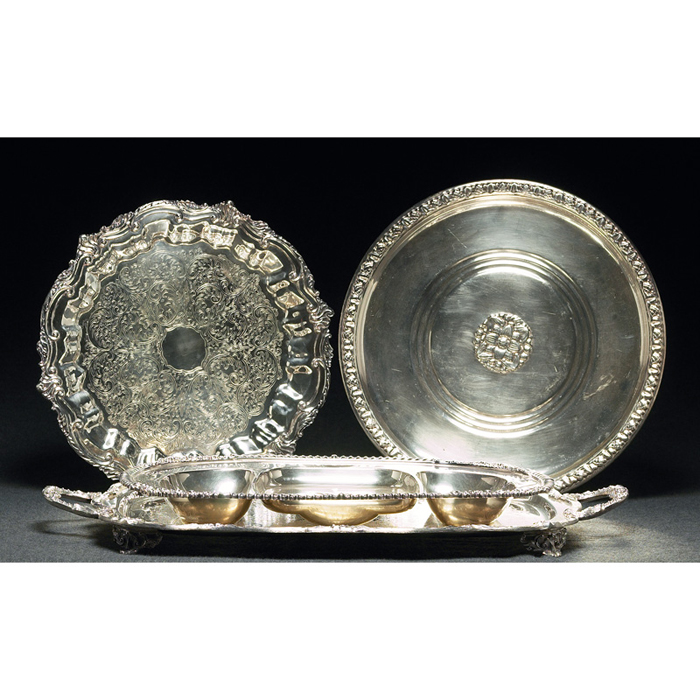 Appraisal: Silver platter silver on copper footed round form with designs