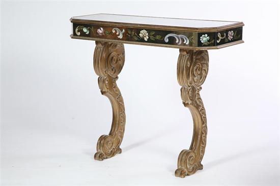 Appraisal: DECORATED CONSOLE TABLE Twentieth century mixed woods Mirrored top with