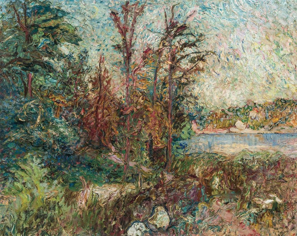 Appraisal: DAVID BURLIUK American Russian - Landscape with Pond oil on