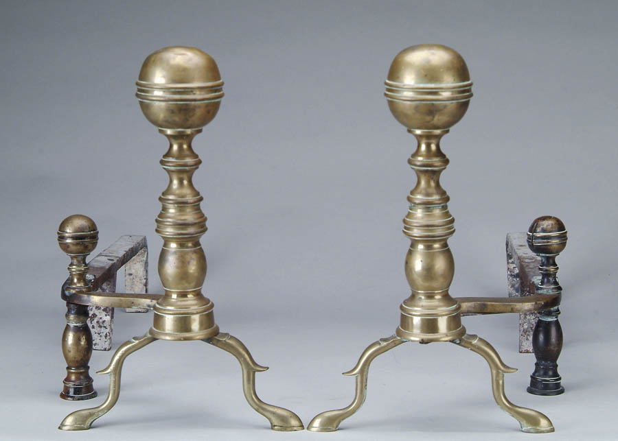 Appraisal: PAIR OF ANTIQUE BRASS BALL TOP ANDIRONS WITH TOOL SET