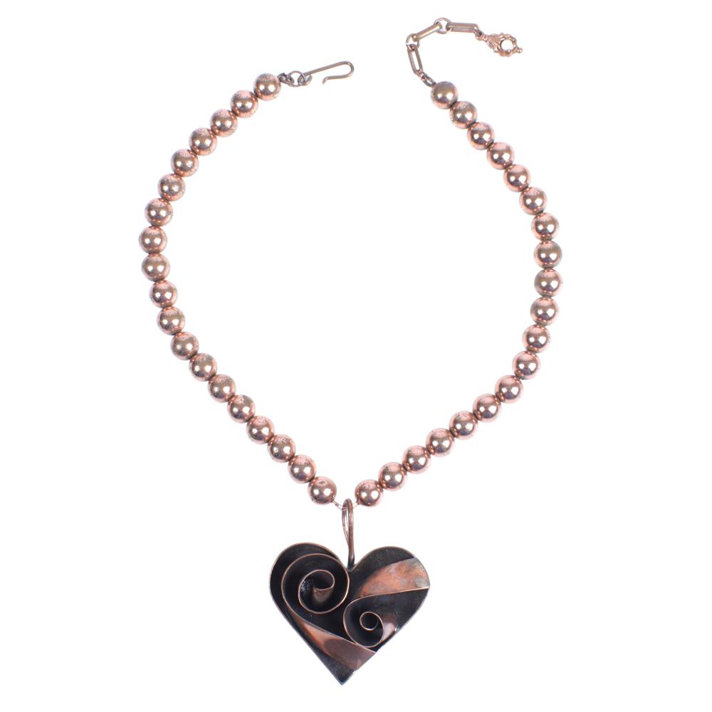 Appraisal: COPPER BALL BEAD NECKLACE WITH COILED SHADOWBOX HEART PENDANT L