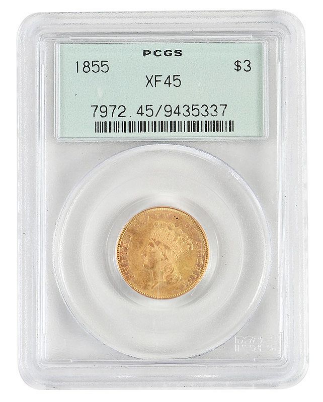 Appraisal: Three Dollar Gold popular obsolete denomination graded by PCGS XF-