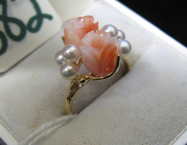 Appraisal: CORAL SEED PEARL AND FOURTEEN KARAT GOLD RING six round