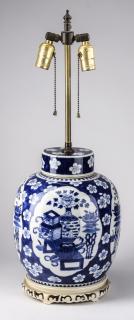 Appraisal: Chinese blue white lidded jar lamp h Chinese blue and