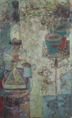 Appraisal: SHULMAN Morris Still Life Stove Lamp Ivy Casein Gouache on