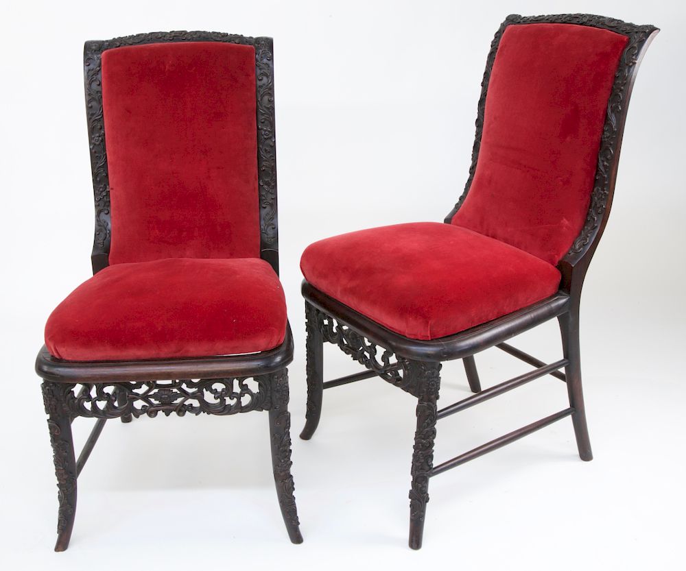 Appraisal: Pair of Chinese Export Carved Teak Wood Side Chairs circa