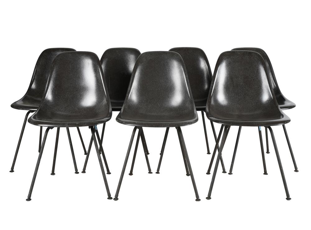 Appraisal: SET OF SEVEN EAMES-STYLE DINING CHAIRSmolded plastic and black-painted metal