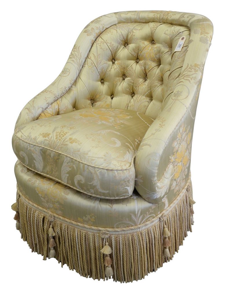 Appraisal: Custom Silk Upholstered Chair having tufted back and tassel base